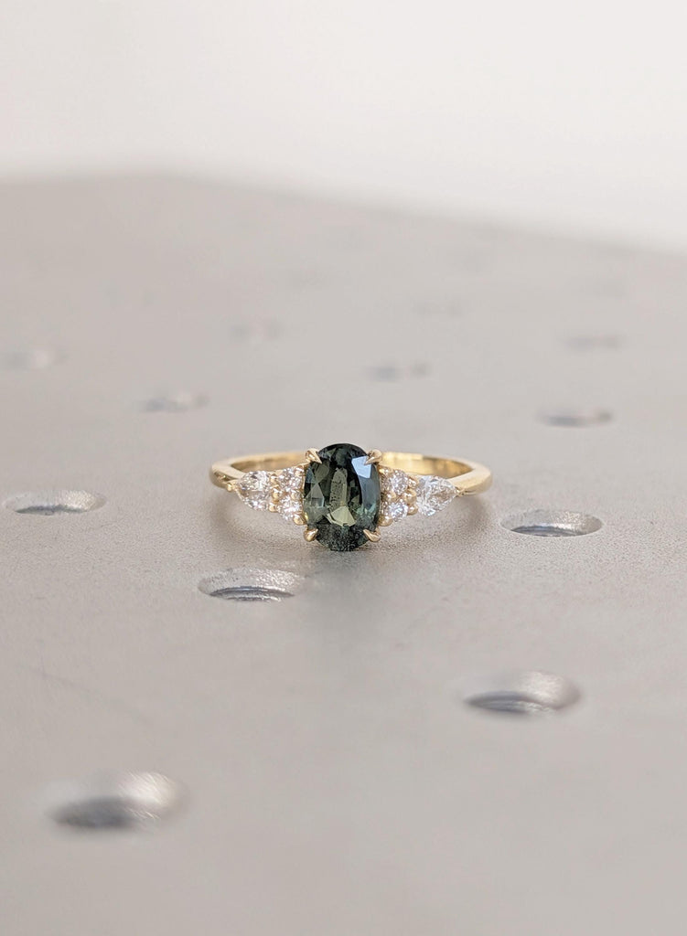 Blue Green Sapphire 18K Yellow Gold Engagement Ring, Oval Teal Sapphire Ring in Solid Gold, Diamond Cluster Art Deco Ring, Gold Wedding Ring image #6