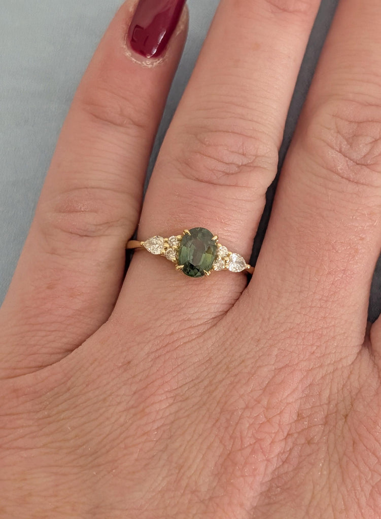 Blue Green Sapphire 18K Yellow Gold Engagement Ring, Oval Teal Sapphire Ring in Solid Gold, Diamond Cluster Art Deco Ring, Gold Wedding Ring image #4