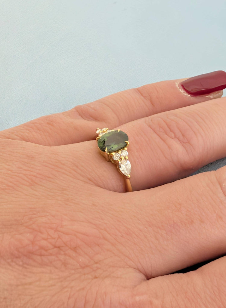 18K Yellow Gold Oval Teal Sapphire Engagement Ring with Diamond Cluster image #4