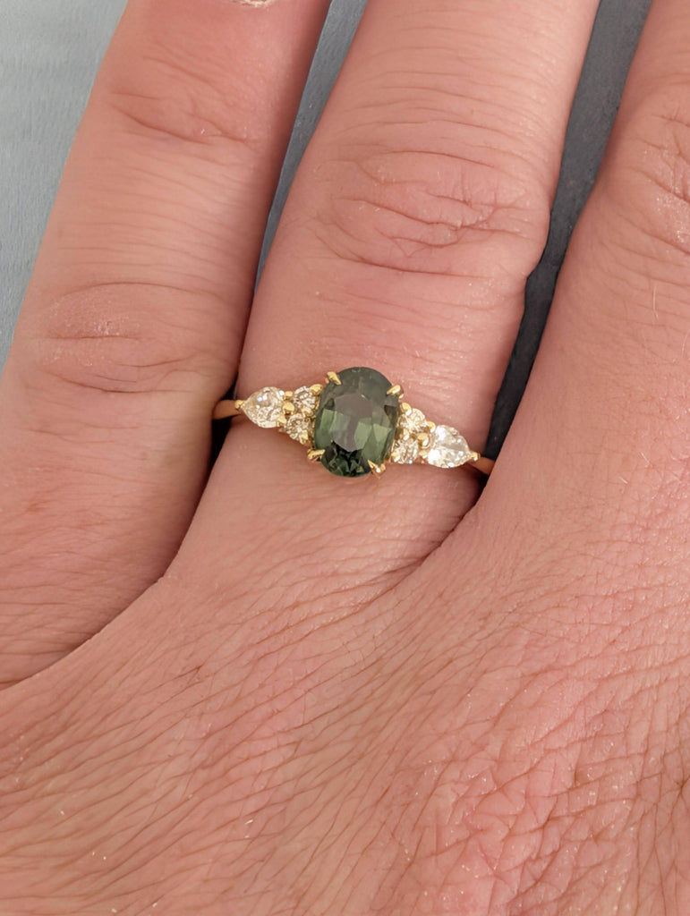 Blue Green Sapphire 18K Yellow Gold Engagement Ring, Oval Teal Sapphire Ring in Solid Gold, Diamond Cluster Art Deco Ring, Gold Wedding Ring image #2