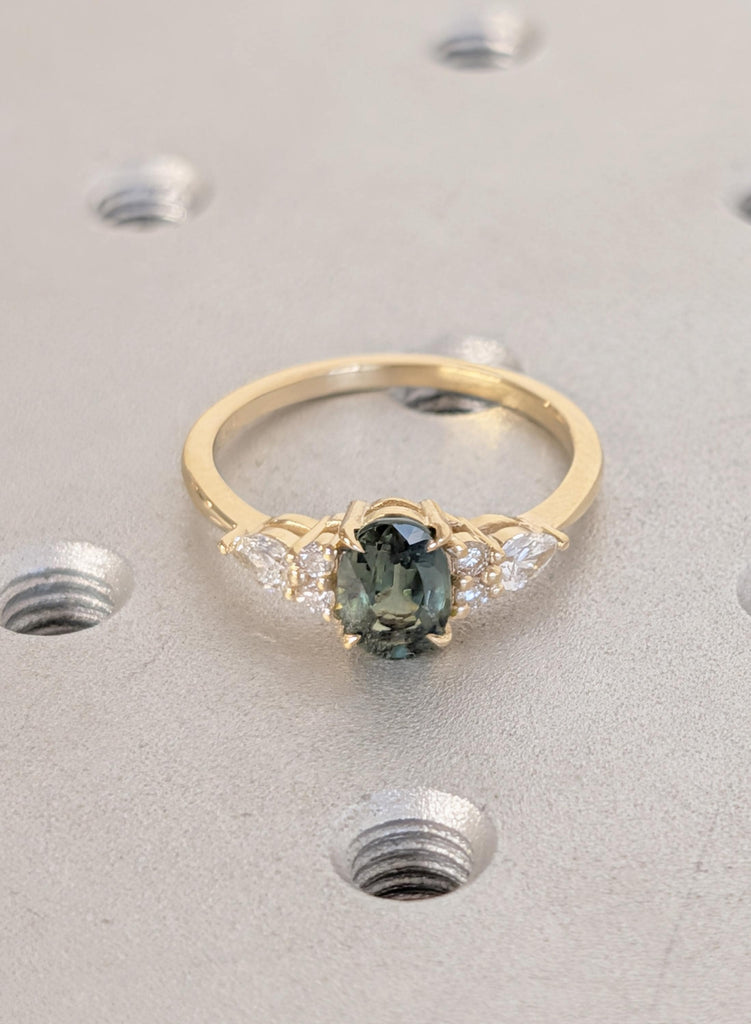 Blue Green Sapphire 18K Yellow Gold Engagement Ring, Oval Teal Sapphire Ring in Solid Gold, Diamond Cluster Art Deco Ring, Gold Wedding Ring image #7