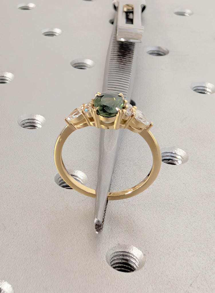 Blue Green Sapphire 18K Yellow Gold Engagement Ring, Oval Teal Sapphire Ring in Solid Gold, Diamond Cluster Art Deco Ring, Gold Wedding Ring image #13