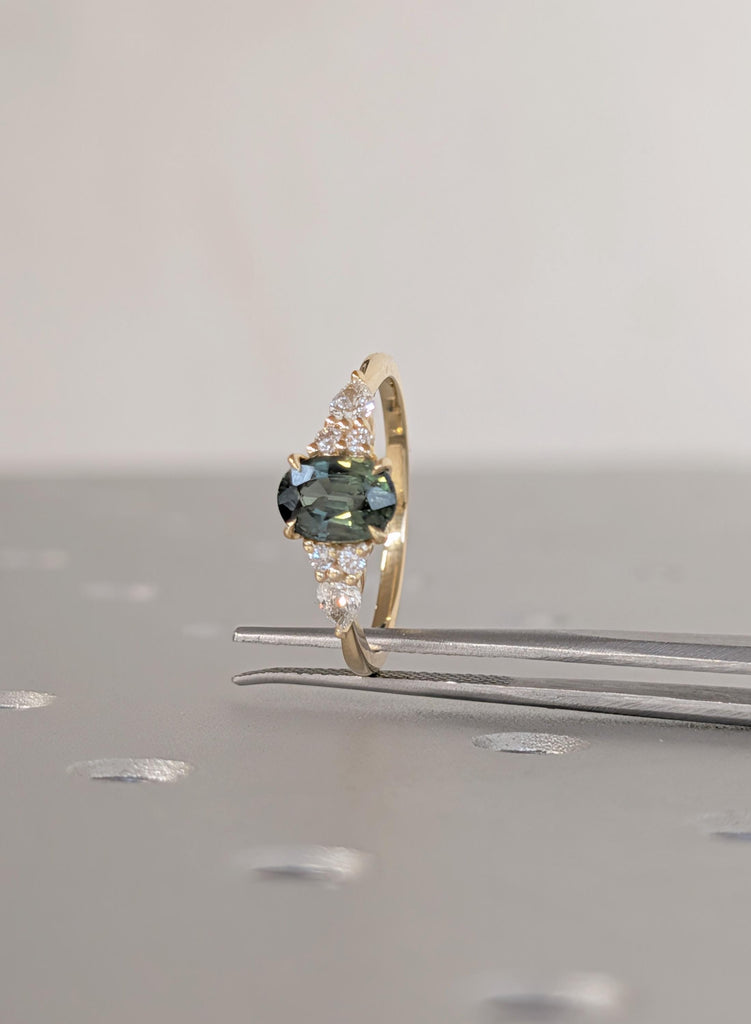18K Yellow Gold Oval Teal Sapphire Engagement Ring with Diamond Cluster image #12