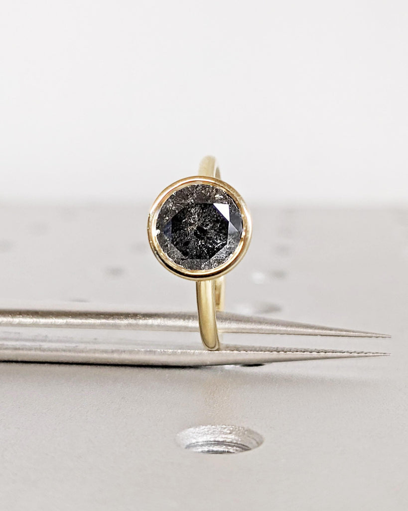 Vintage Salt and Pepper Diamond Bezel Set Ring | Tulip Setting Petal Prongs | Flower Basket Promise Ring | Lotus Petal Ring | 14K Solid Gold