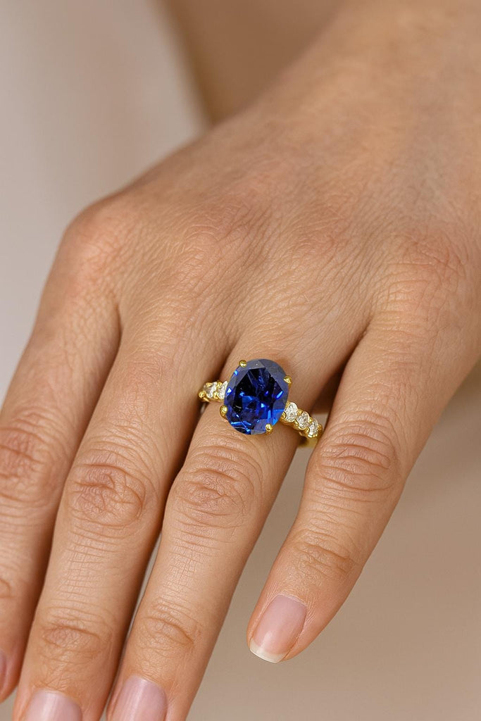 Blue Sapphire Ring, Oval Engagement Ring, 18k/14k Solid Gold Ring, Round Lab Diamond and Lab Sapphire Anniversary Birthstone Rings for Women image #2