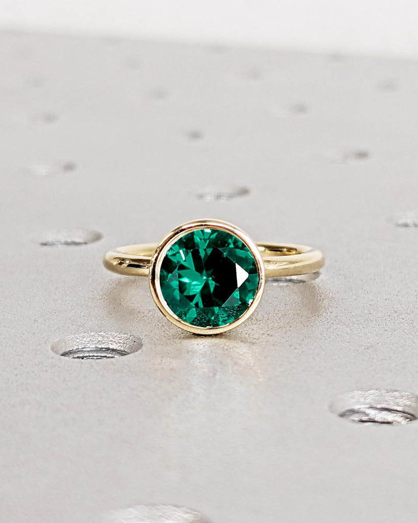 Vintage Green Emerald Bezel Ring, Emerald Engagement Ring, Tulip Lotus Floral Basket Promise Ring, Gemstone Ring, May Birthstone, Solid Gold image #7