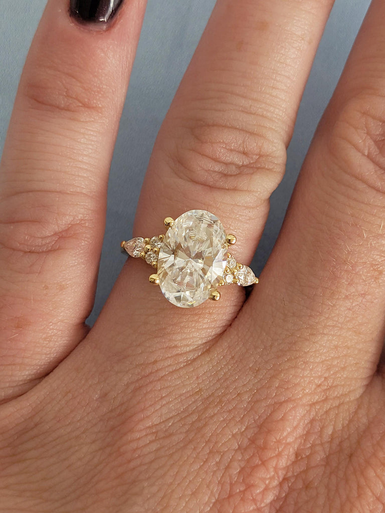 Art Deco 18k Solid Gold Wedding Statement Rings, Oval Cut Lab Diamond Engagement Ring image #3