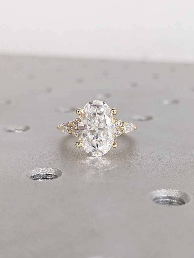 Art Deco 18k Solid Gold Wedding Statement Rings, Oval Cut Lab Diamond Engagement Ring image #4