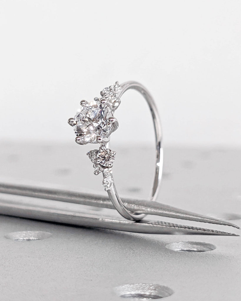 Unique Snowdrift Cluster Promise Ring: Round cut Moissanite, 14K White Gold, Art Deco Wedding Ring image #3