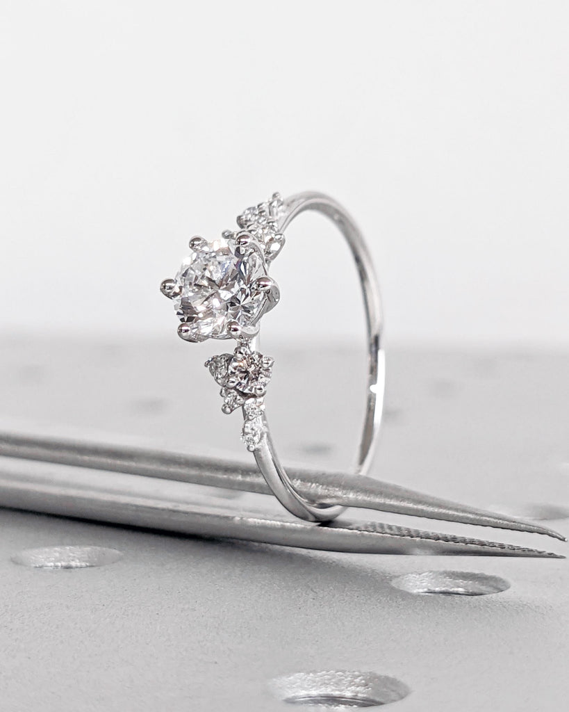 Round Cut Moissanite Ring | Vintage Moissanite Engagement Ring | White Gold Unique Snowdrift 6 Prong Engagement Ring | Diamond Cluster Ring