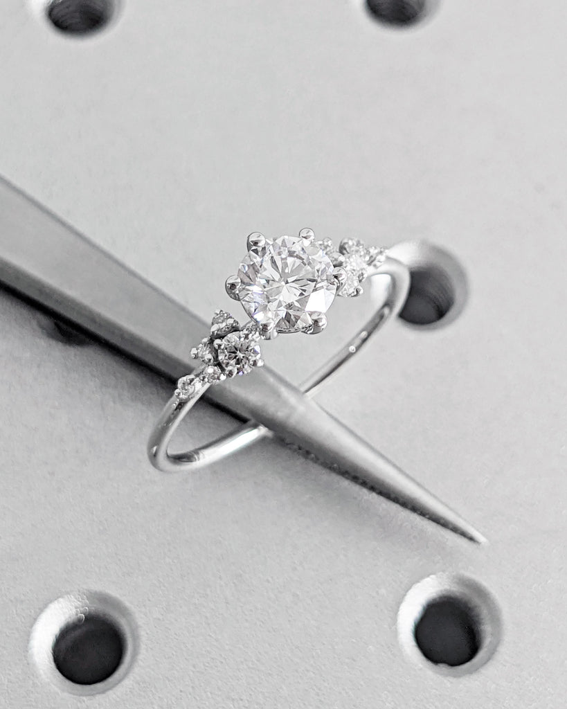 Unique Snowdrift Cluster Promise Ring: Round cut Moissanite, 14K White Gold, Art Deco Wedding Ring image #6