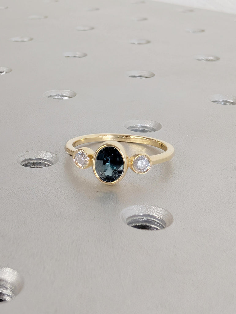 Bezel Set Montana Sapphire Ring, 14K Yellow Gold Three Stone Engagement Ring, Oval Blue Green Sapphire September Birthstone and Diamond Ring image #9