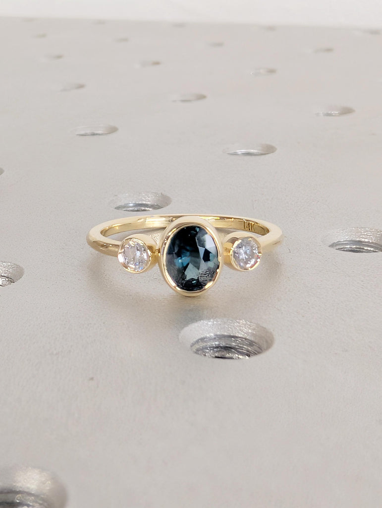 Oval Teal Sapphire Engagement Ring, Art Deco 14k Solid Gold Bezel Set Ring image #7
