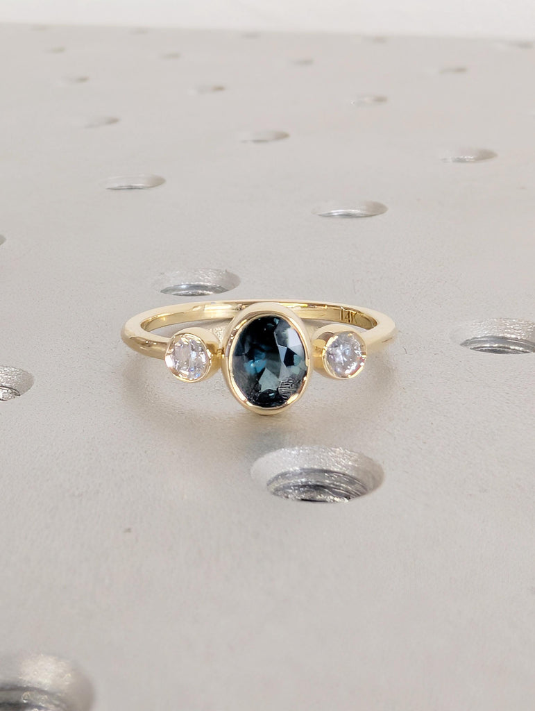 Bezel Set Montana Sapphire Ring, 14K Yellow Gold Three Stone Engagement Ring, Oval Blue Green Sapphire September Birthstone and Diamond Ring image #7