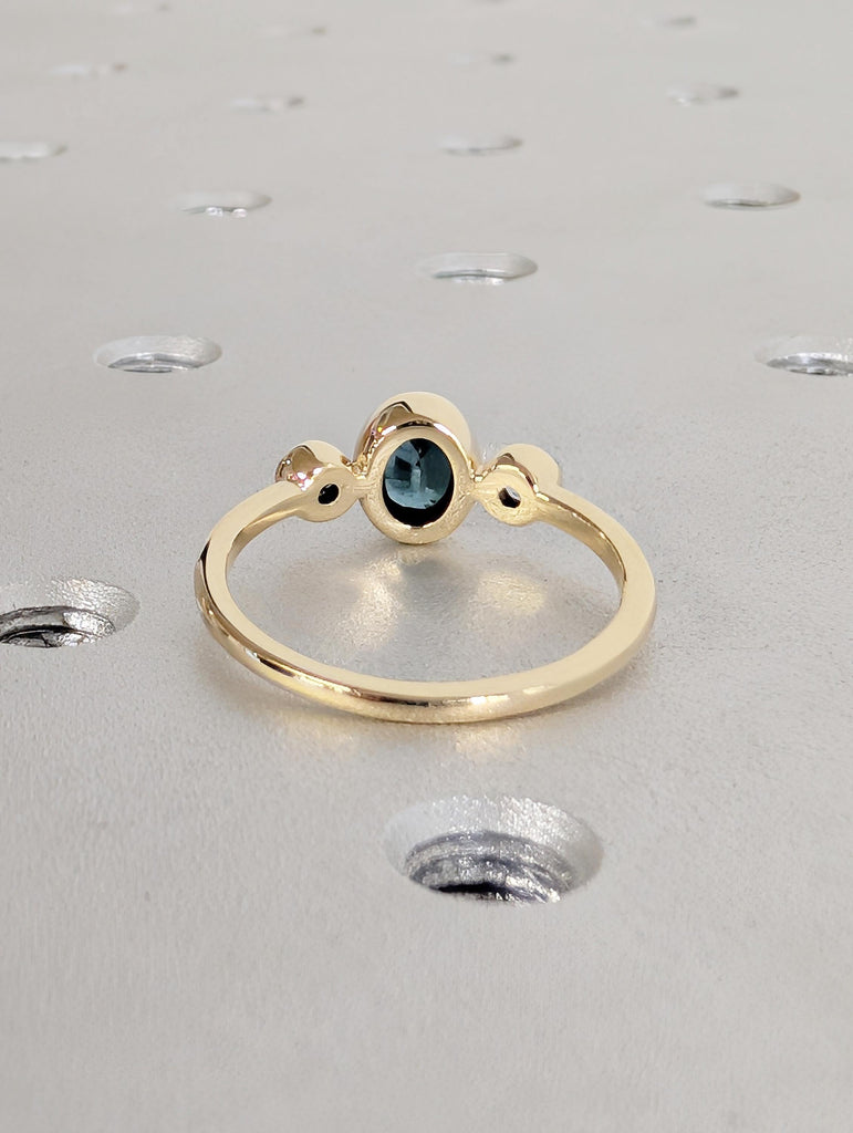 Bezel Set Montana Sapphire Ring, 14K Yellow Gold Three Stone Engagement Ring, Oval Blue Green Sapphire September Birthstone and Diamond Ring image #5