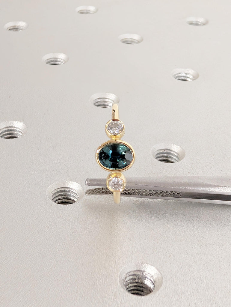 Bezel Set Montana Sapphire Ring, 14K Yellow Gold Three Stone Engagement Ring, Oval Blue Green Sapphire September Birthstone and Diamond Ring image #10
