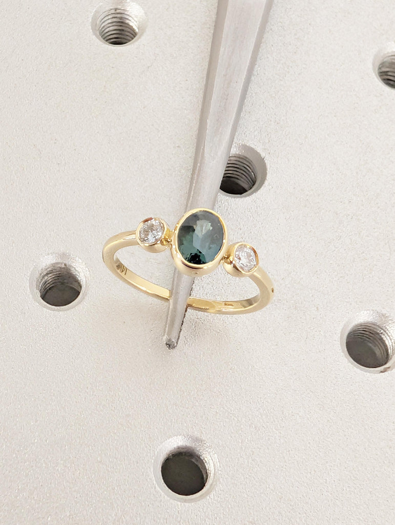 Oval Teal Sapphire Engagement Ring, Art Deco 14k Solid Gold Bezel Set Ring image #12