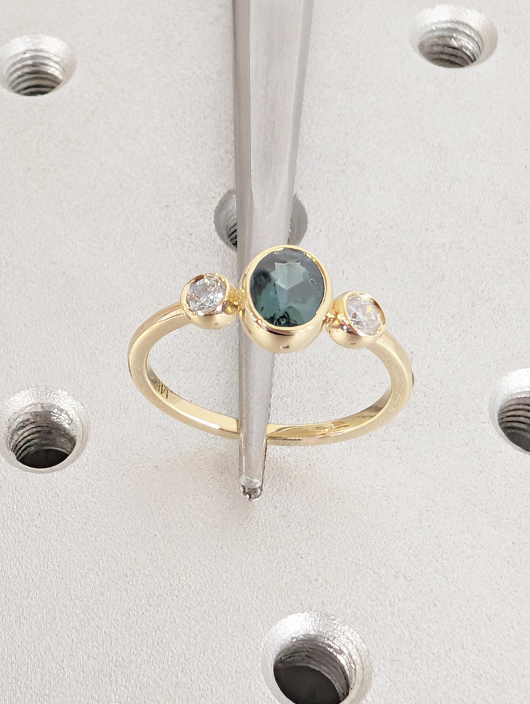 Bezel Set Montana Sapphire Ring, 14K Yellow Gold Three Stone Engagement Ring, Oval Blue Green Sapphire September Birthstone and Diamond Ring image #13