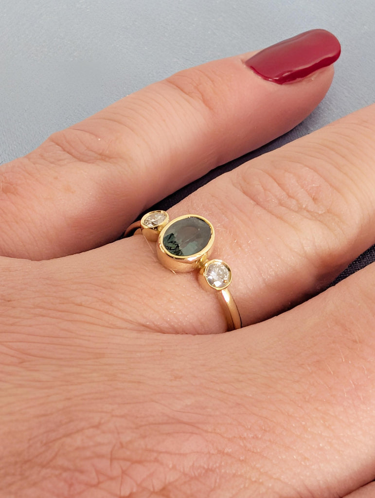 Bezel Set Montana Sapphire Ring, 14K Yellow Gold Three Stone Engagement Ring, Oval Blue Green Sapphire September Birthstone and Diamond Ring image #14
