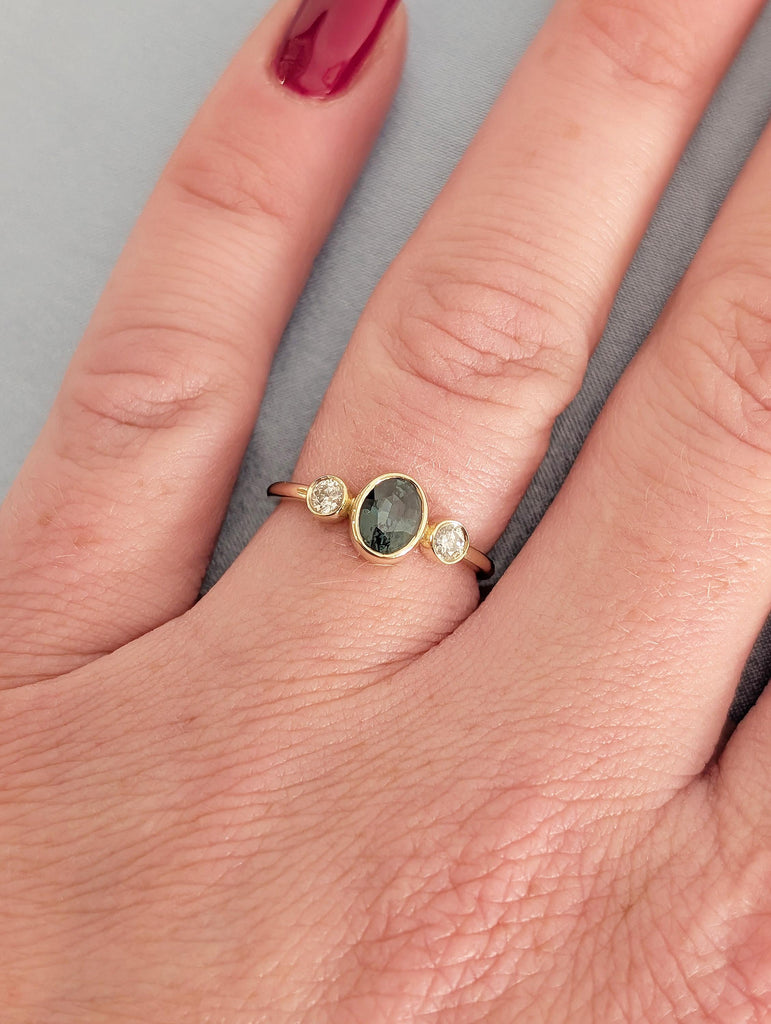 Oval Teal Sapphire Engagement Ring, Art Deco 14k Solid Gold Bezel Set Ring image #15