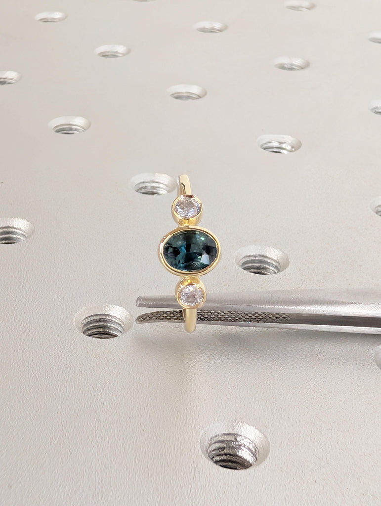 Bezel Set Montana Sapphire Ring, 14K Yellow Gold Three Stone Engagement Ring, Oval Blue Green Sapphire September Birthstone and Diamond Ring image #3