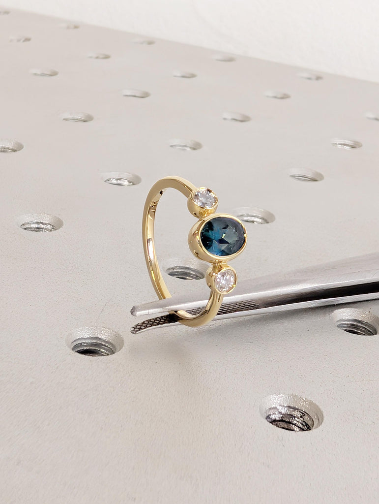 Oval Teal Sapphire Engagement Ring, Art Deco 14k Solid Gold Bezel Set Ring image #2