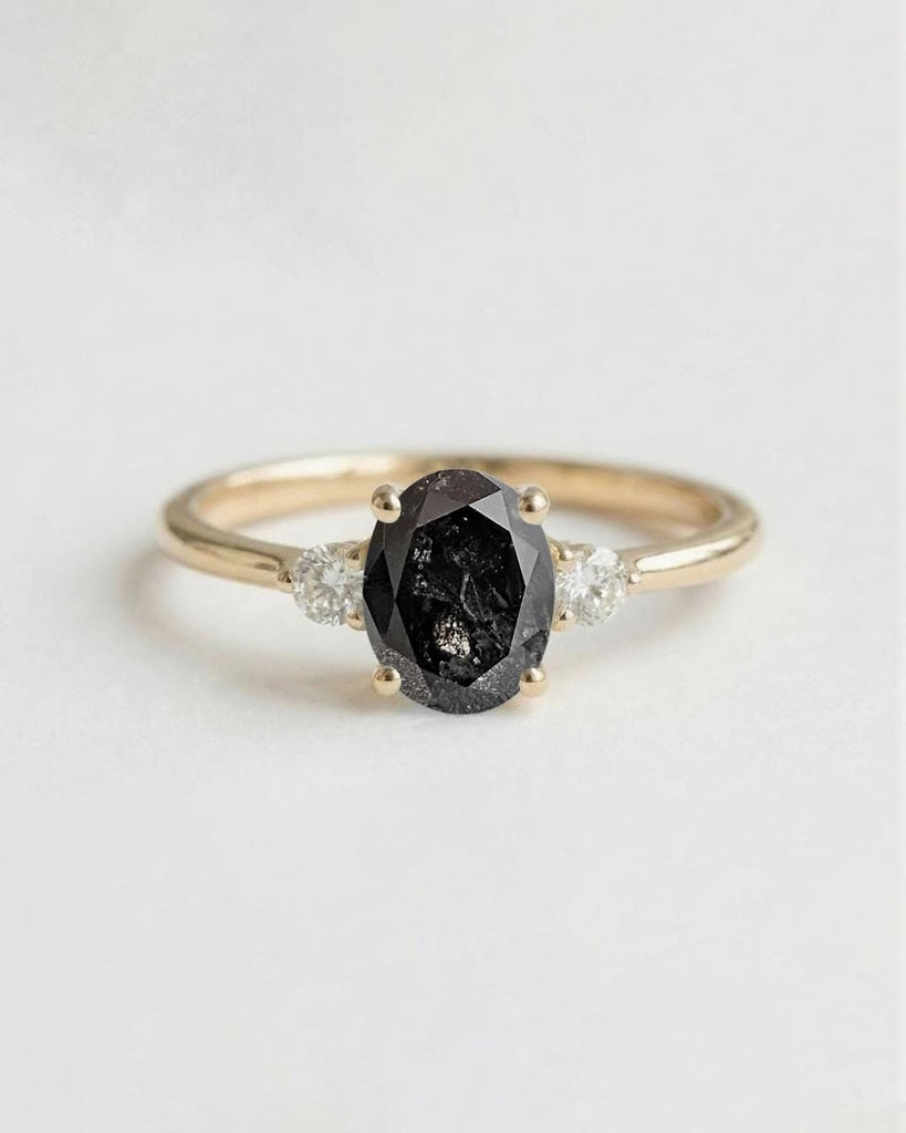 Vintage Engagement Ring | Oval cut Salt and Pepper Diamond Ring | Past Present Future Ring | Solid Yellow Gold Rings for Women