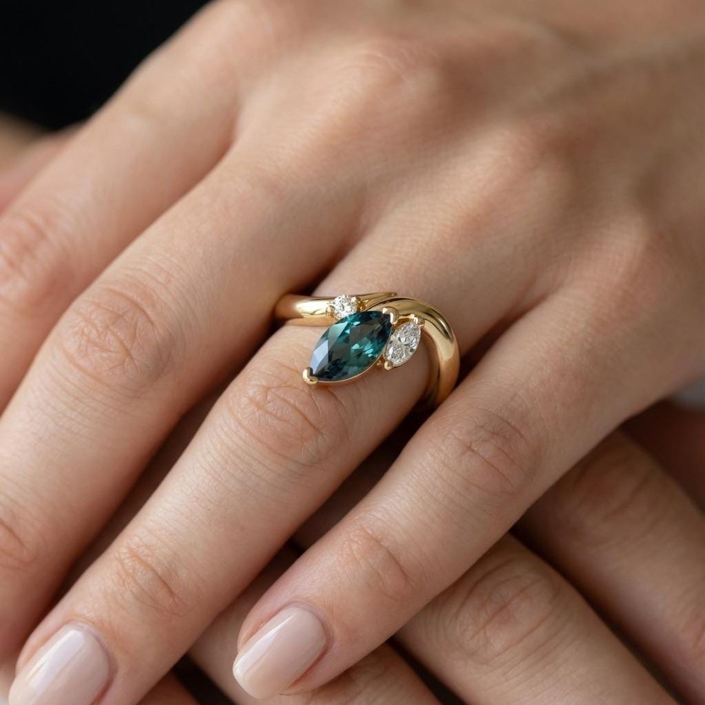 Vintage Sapphire and Marquise Diamond Engagement Ring | Blue Green Sapphire Wedding Ring | Solid Gold Promise Ring for Women image #2
