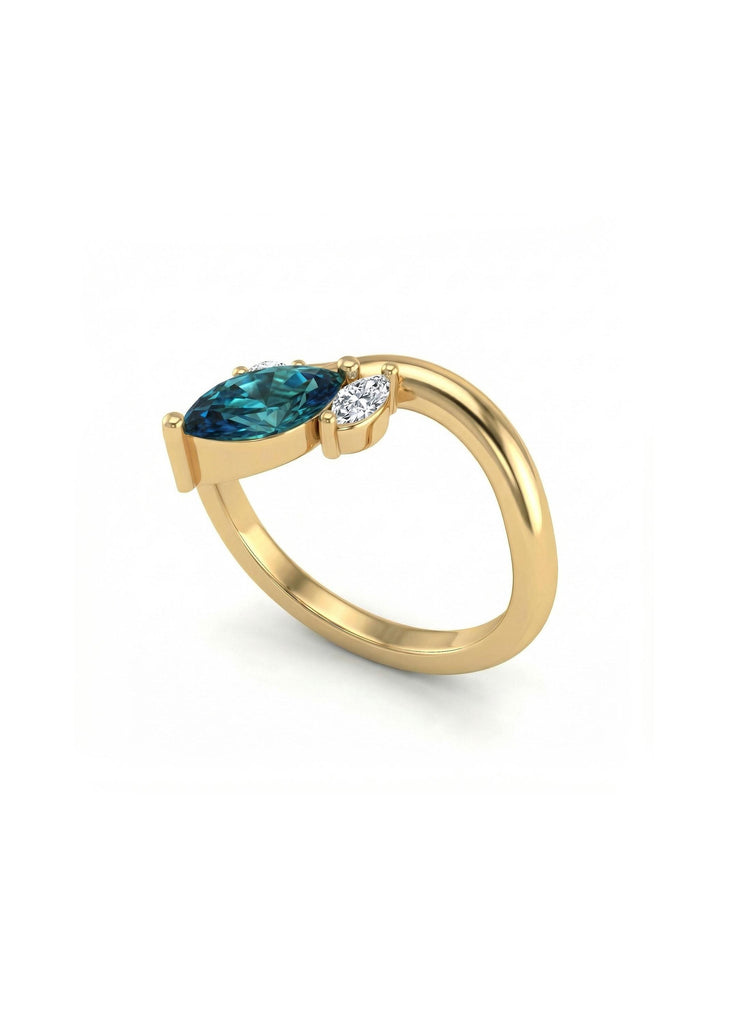 Vintage Sapphire and Marquise Diamond Engagement Ring | Blue Green Sapphire Wedding Ring | Solid Gold Promise Ring for Women image #3