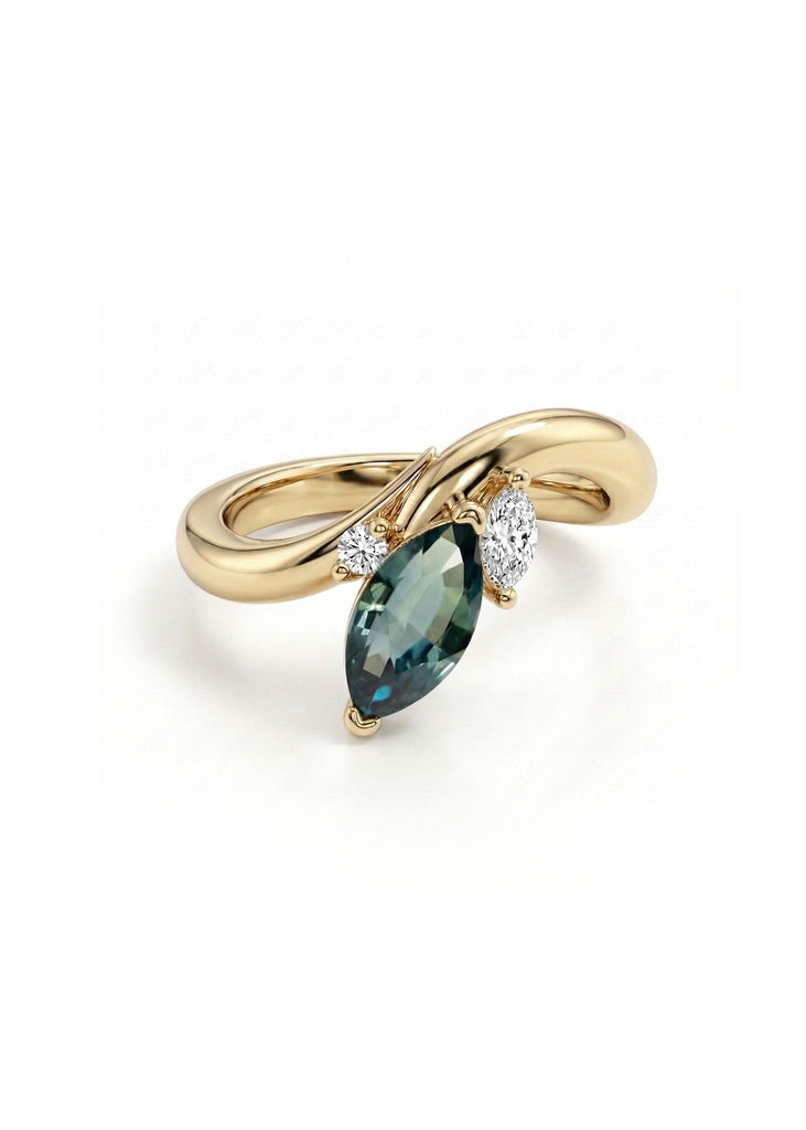 Vintage Sapphire and Marquise Diamond Engagement Ring | Blue Green Sapphire Wedding Ring | Solid Gold Promise Ring for Women