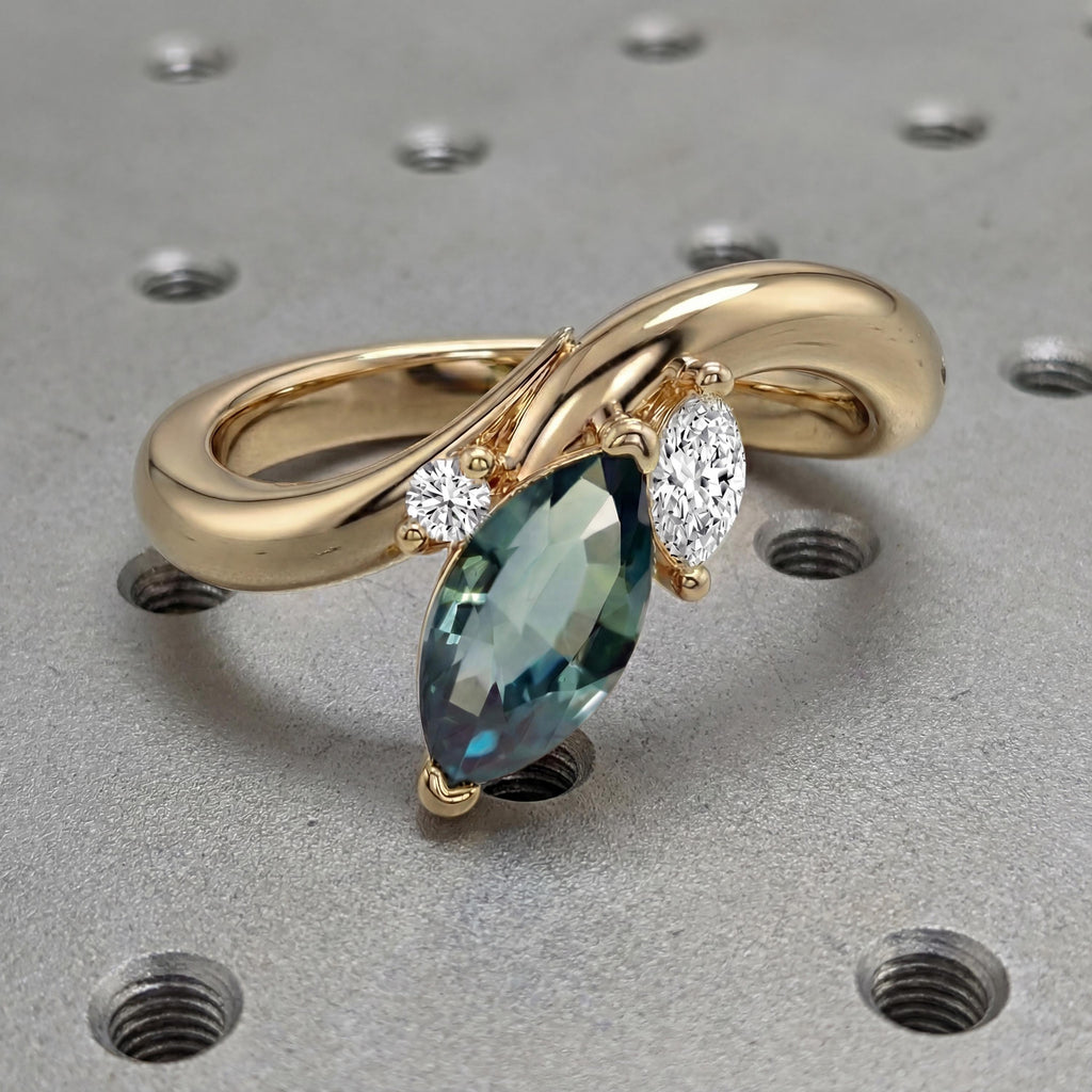 Vintage Sapphire and Marquise Diamond Engagement Ring | Blue Green Sapphire Wedding Ring | Solid Gold Promise Ring for Women image #4
