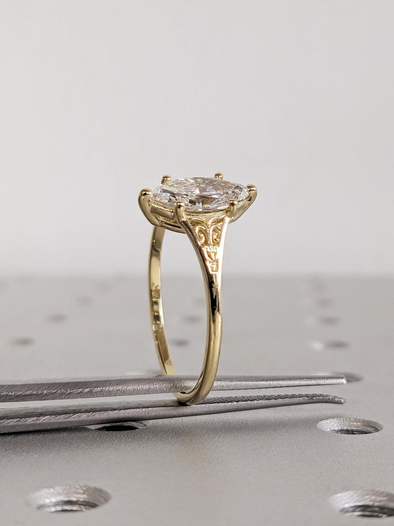Antique Heirloom Lab Diamond Ring, Victorian Style Marquise cut Engagement Ring, Filigree Engraved 14K Yellow Gold Band image #10
