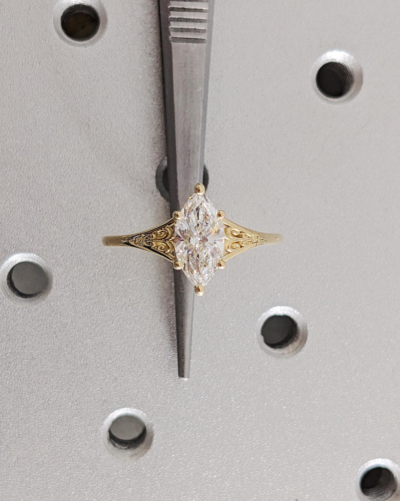 Antique Heirloom Lab Diamond Ring, Victorian Style Marquise cut Engagement Ring, Filigree Engraved 14K Yellow Gold Band image #2