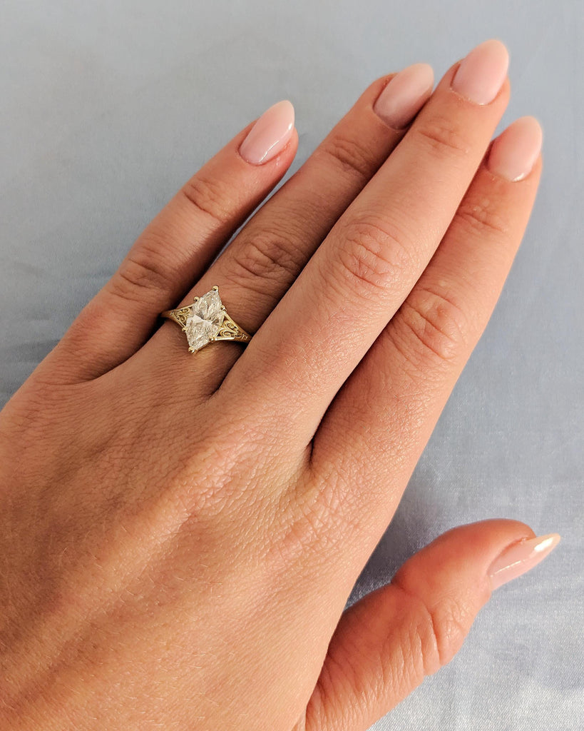Antique Heirloom Lab Diamond Ring, Victorian Style Marquise cut Engagement Ring, Filigree Engraved 14K Yellow Gold Band image #3