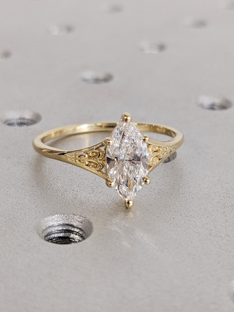 14K Gold Heirloom Moissanite Engagement Ring, Marquise Cut Victorian Filigree Band, Antique Proposal Ring, Women's Wedding Anniversary Ring image #4