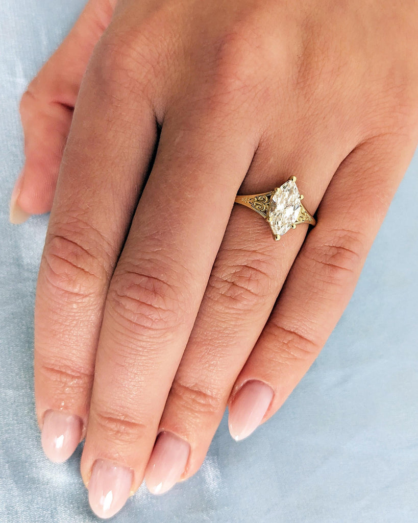 14K Gold Heirloom Moissanite Engagement Ring, Marquise Cut Victorian Filigree Band, Antique Proposal Ring, Women's Wedding Anniversary Ring image #8