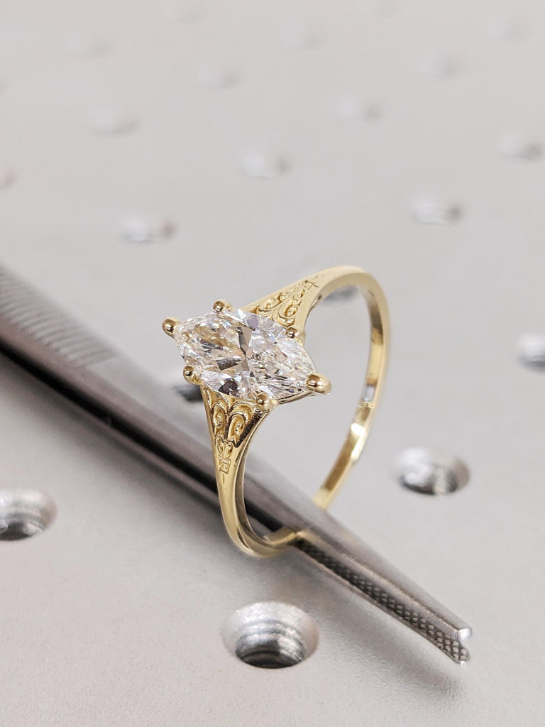 Antique Heirloom Lab Diamond Ring, Victorian Style Marquise cut Engagement Ring, Filigree Engraved 14K Yellow Gold Band