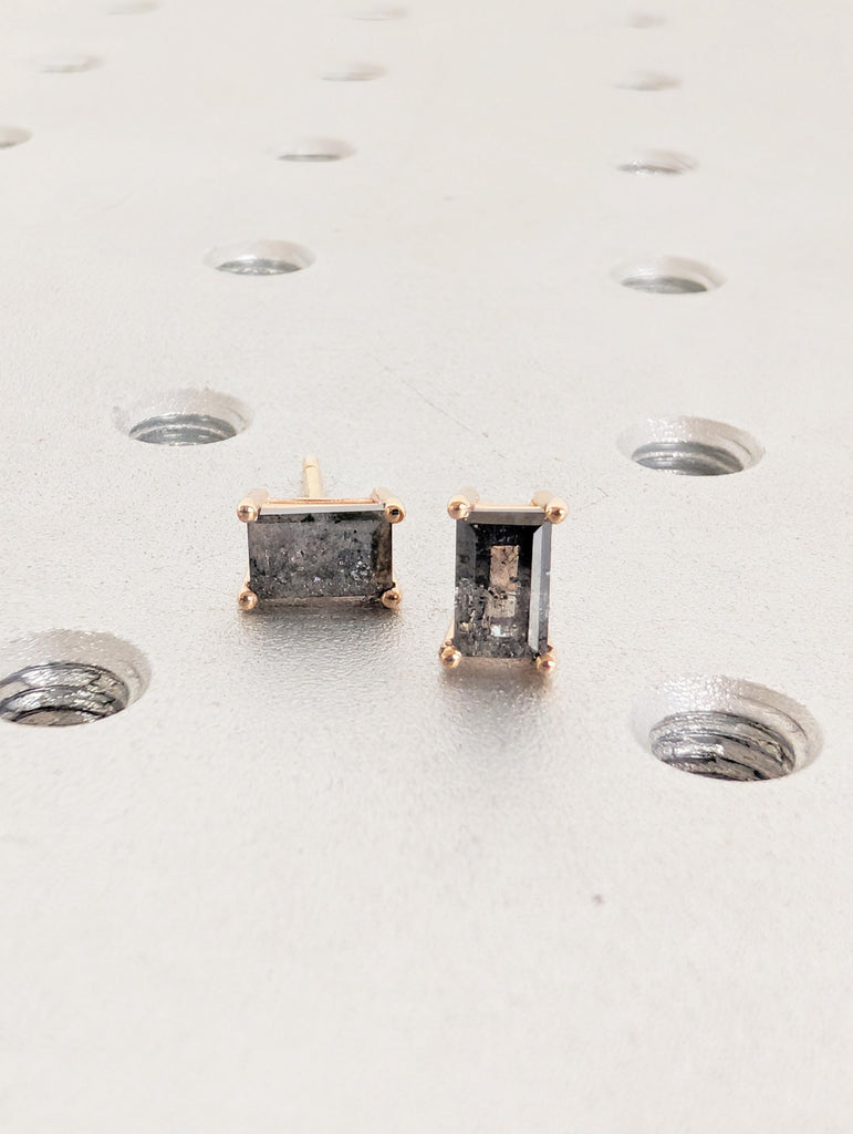 Baguette Salt and Pepper Diamond 18K Gold Stud Earrings, Unique Stud Earrings For Women, Rose Gold Minimalist Earrings, Everyday Earrings image #7