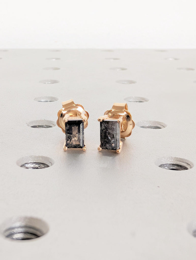 Baguette Salt and Pepper Diamond 18K Gold Stud Earrings, Unique Stud Earrings For Women, Rose Gold Minimalist Earrings, Everyday Earrings image #4