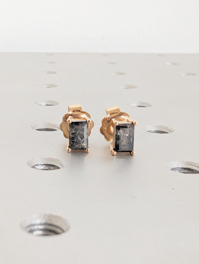 Baguette Salt and Pepper Diamond 18K Gold Stud Earrings, Unique Stud Earrings For Women, Rose Gold Minimalist Earrings, Everyday Earrings image #14