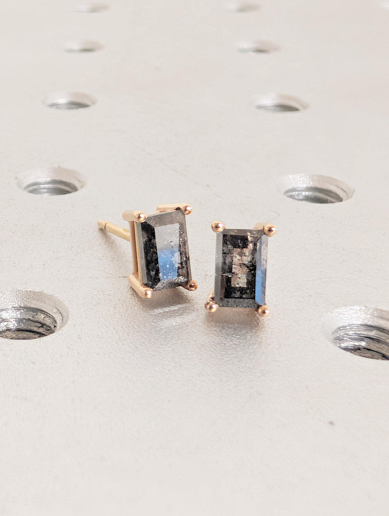 Baguette Salt and Pepper Diamond 18K Gold Stud Earrings, Unique Stud Earrings For Women, Rose Gold Minimalist Earrings, Everyday Earrings image #13