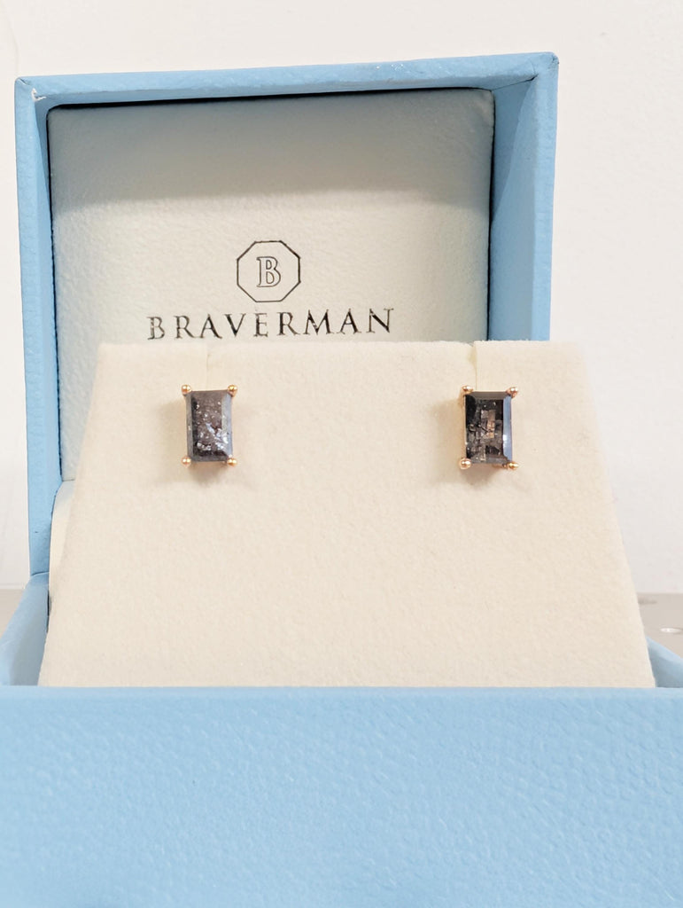 Baguette Salt and Pepper Diamond 18K Gold Stud Earrings, Unique Stud Earrings For Women, Rose Gold Minimalist Earrings, Everyday Earrings image #20