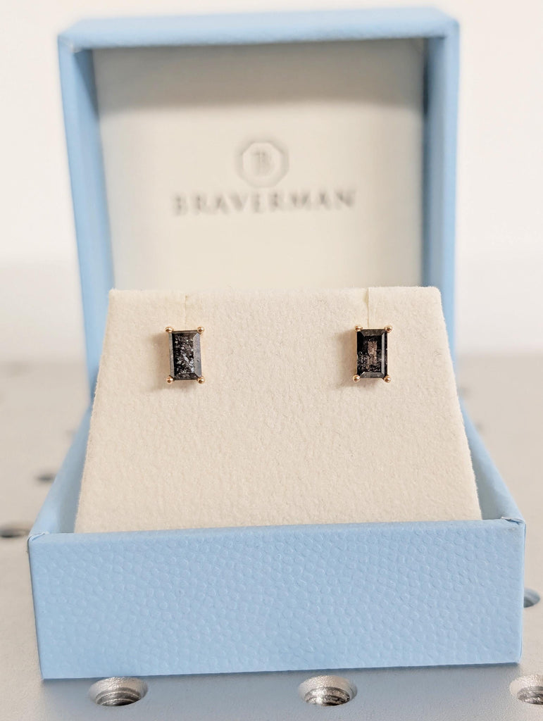 Baguette Salt and Pepper Diamond 18K Gold Stud Earrings, Unique Stud Earrings For Women, Rose Gold Minimalist Earrings, Everyday Earrings image #18
