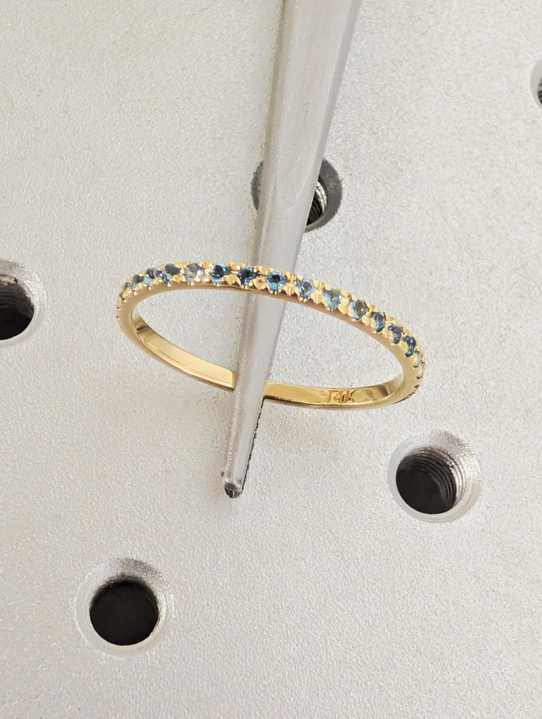14K Yellow Gold Blue Topaz Matching Ring, Half Eternity Matching Band, Women's Stacking Wedding Ring, Round Blue Topaz, Dainty Promise Ring image #9