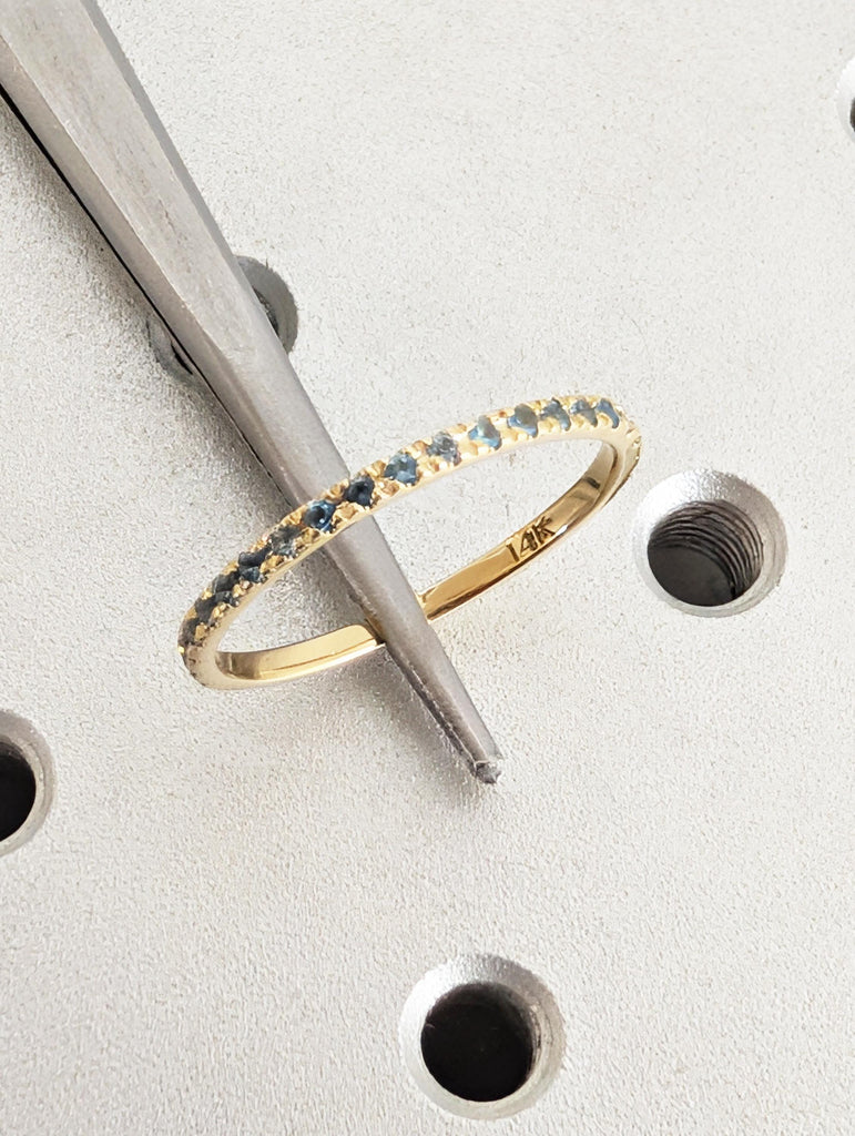 Natural Blue Topaz Wedding Band, Dainty 14K Yellow Gold Eternity Matching Ring, Sagittarius Birthstone Jewelry image #11