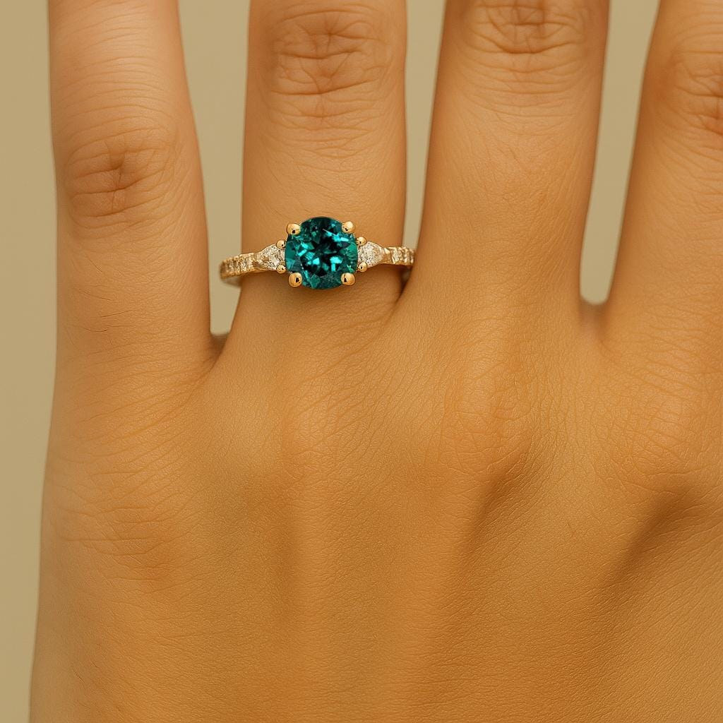 Round Cut Emerald Engagement Ring, Vintage 14k Yellow Gold Promise Ring for Her, Half Eternity Diamond and Lab Grown Emerald Ring for Women image #2
