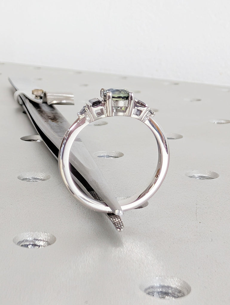 Peacock Sapphire Engagement Ring in Platinum, Round Baguette Salt and Pepper Diamond Sides image #8