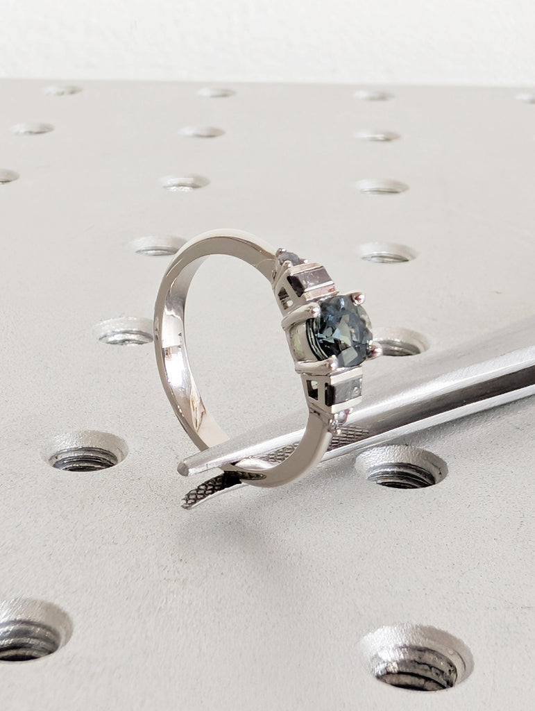 Peacock Sapphire Engagement Ring in Platinum, Round Baguette Salt and Pepper Diamond Sides image #5