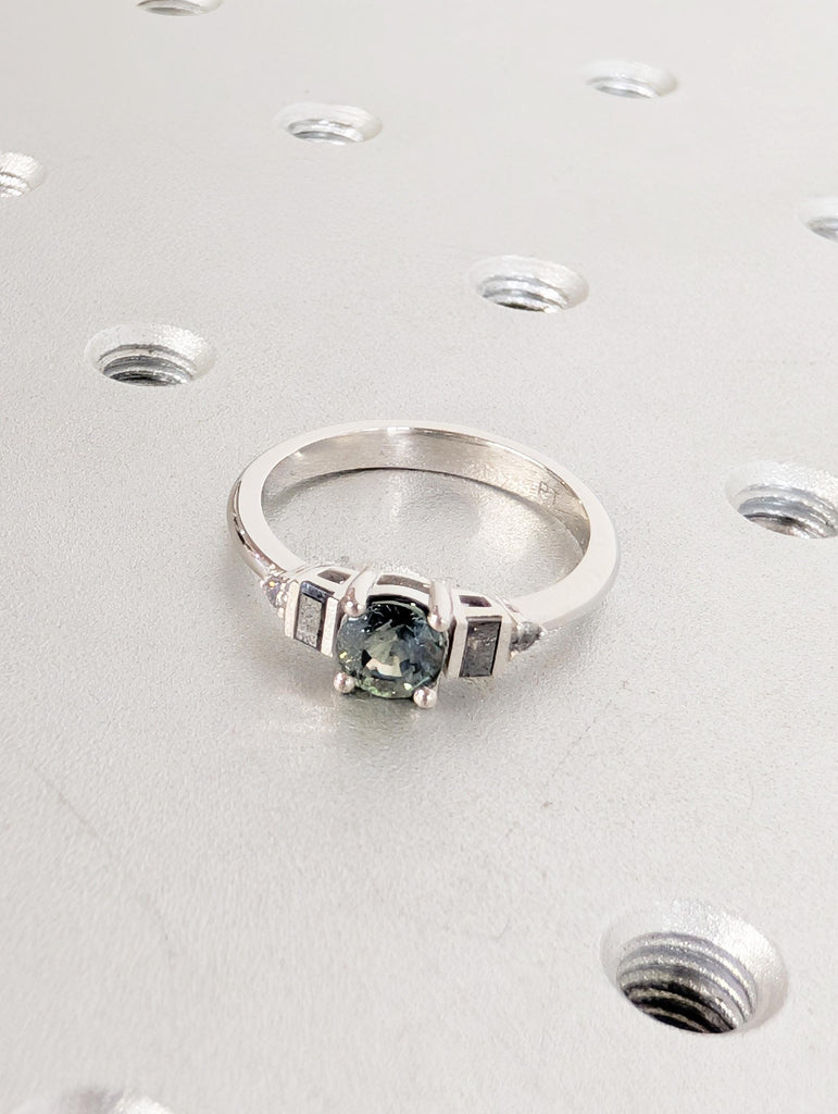 Sapphire Engagement Ring, Platinum Blue Green Peacock Sapphire With Round Baguette Salt and Pepper Diamond, Dainty Round Cut Sapphire Ring image #5