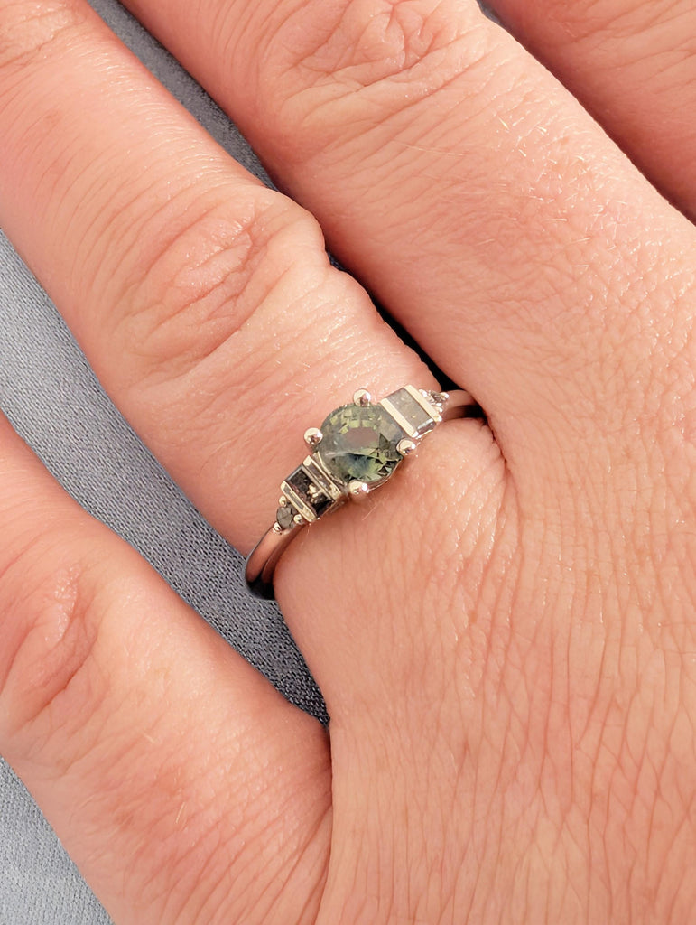 Sapphire Engagement Ring, Platinum Blue Green Peacock Sapphire With Round Baguette Salt and Pepper Diamond, Dainty Round Cut Sapphire Ring image #9